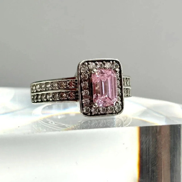 Vintage Jewelry - Pink Spinel Emerald Cut CZ Lined Double Shank Vintage Sterling Silver Ring  sz 5